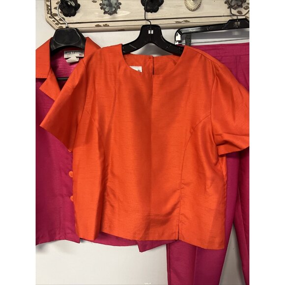 Peter Popovitch Satin 3 pc Suit Set Jacket, Top & Pants Pink & Orange Medium/Sma - Picture 5 of 16